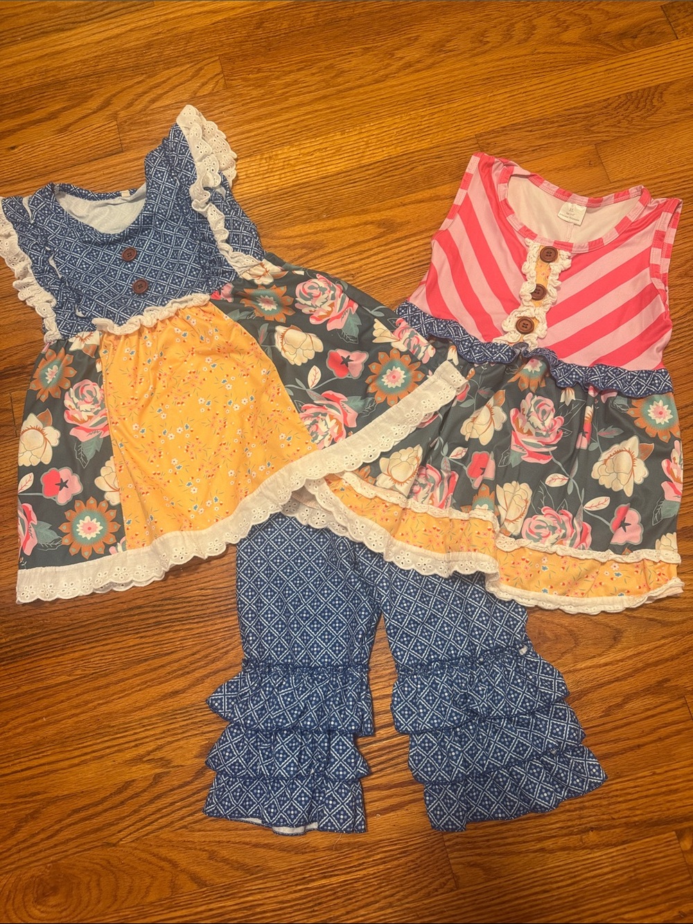 Girls Mixed Floral Ruffle Set — Pink, Blue & Yellow
